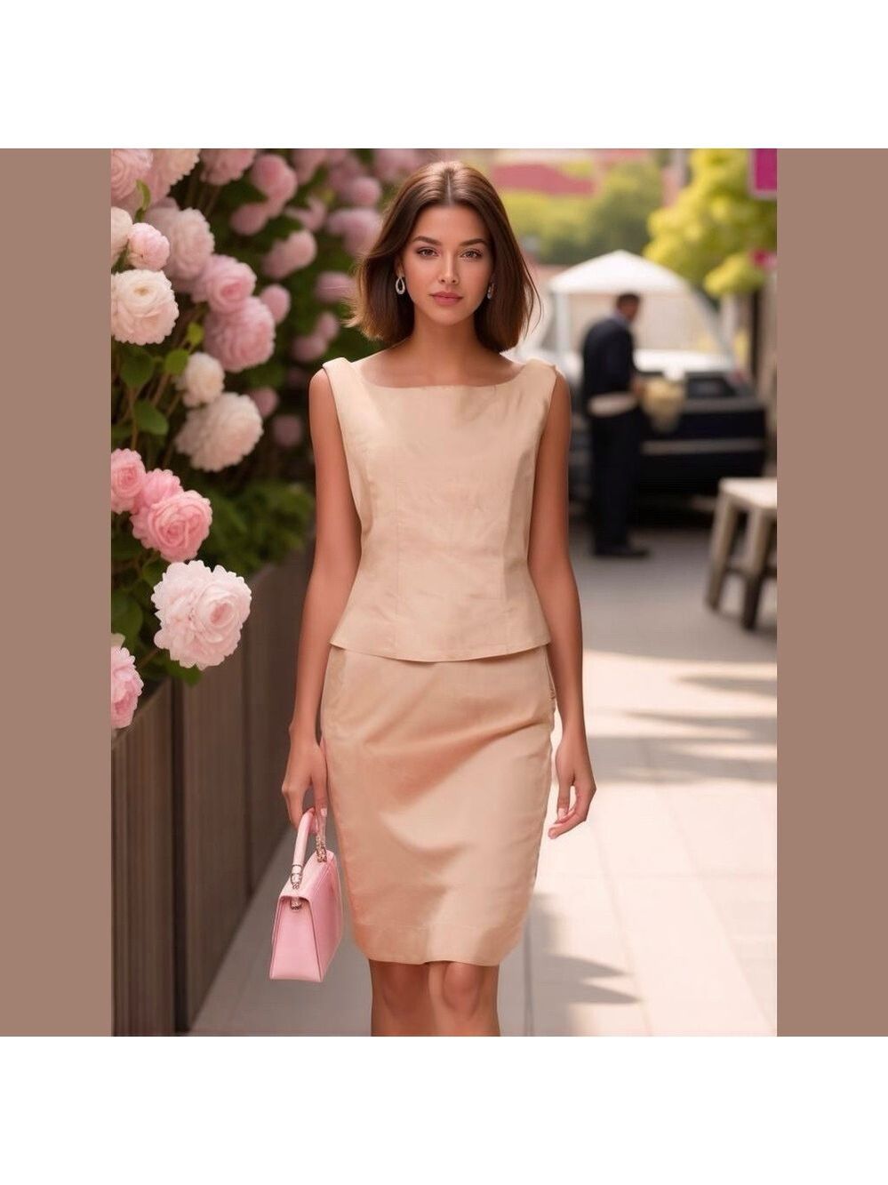 60s 2PC PASTEL PINK MCM CHARMEUSE SILK SQUARE NECK TOP & PENCIL SKIRT XS